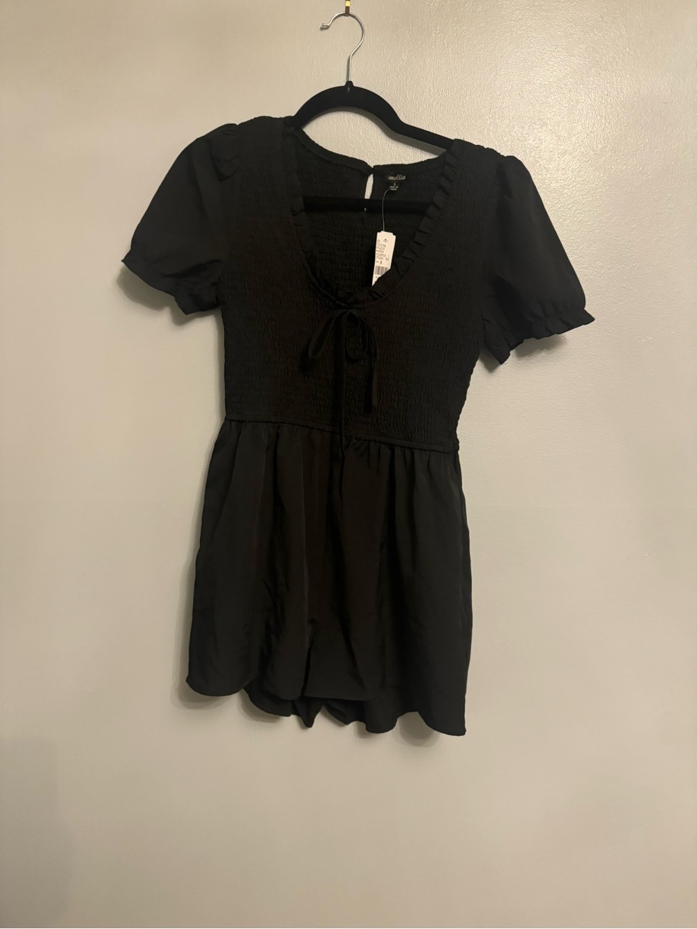Women's Black Smocked Romper with Tie Neck small NWT